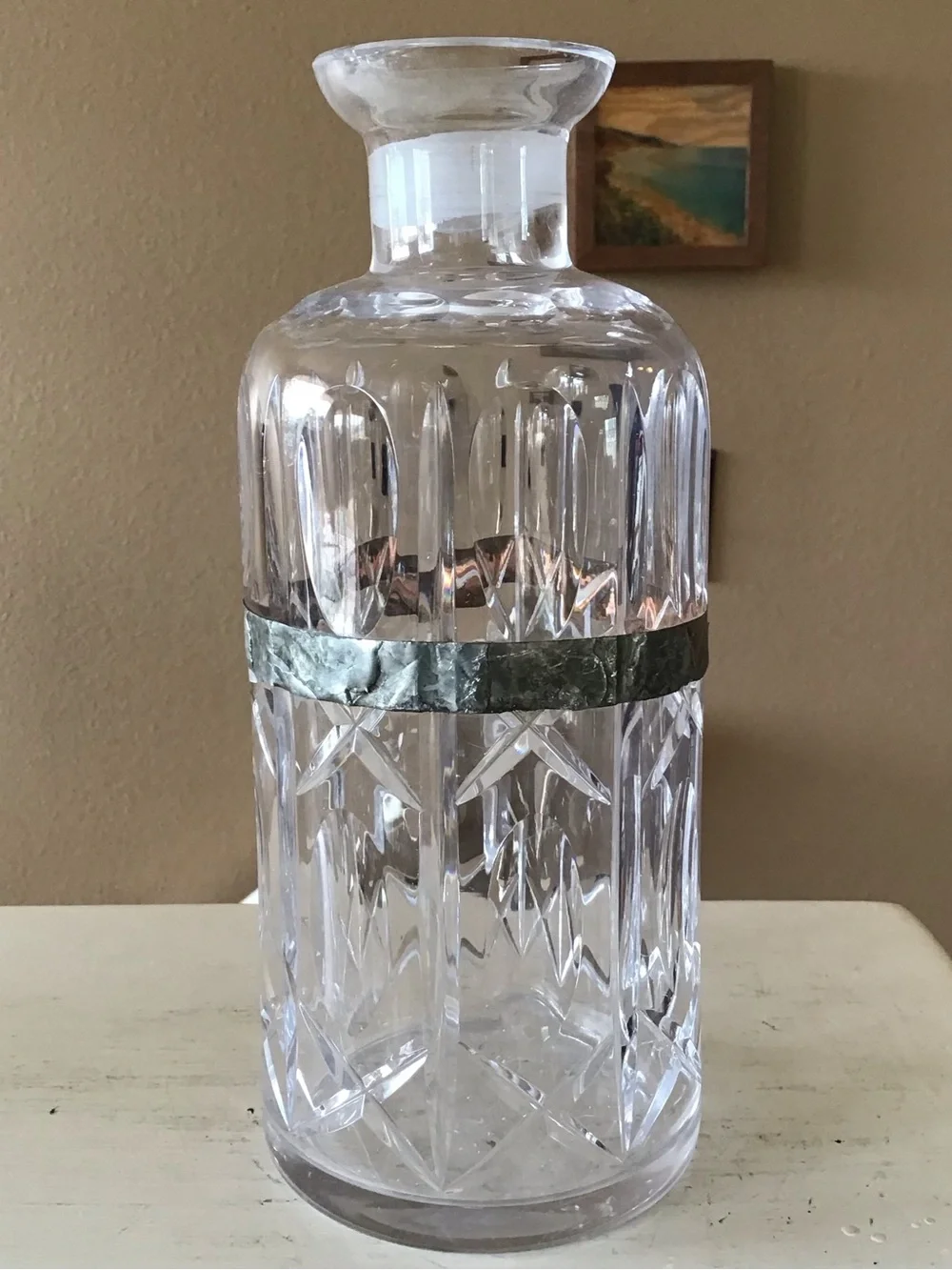 Set of Two Cut Glass Liquor Decanters with Rustic Metal Bands
